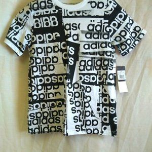 Adidas T-Shirt Black and White Logo Print Short Sleeve Crew Neck Cotton Size 7